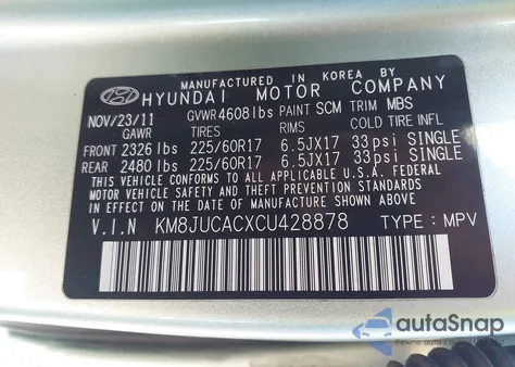 2012 Hyundai Tucson Gls z USA, uszkodzony, nr VIN KM8JUCACXCU428878
